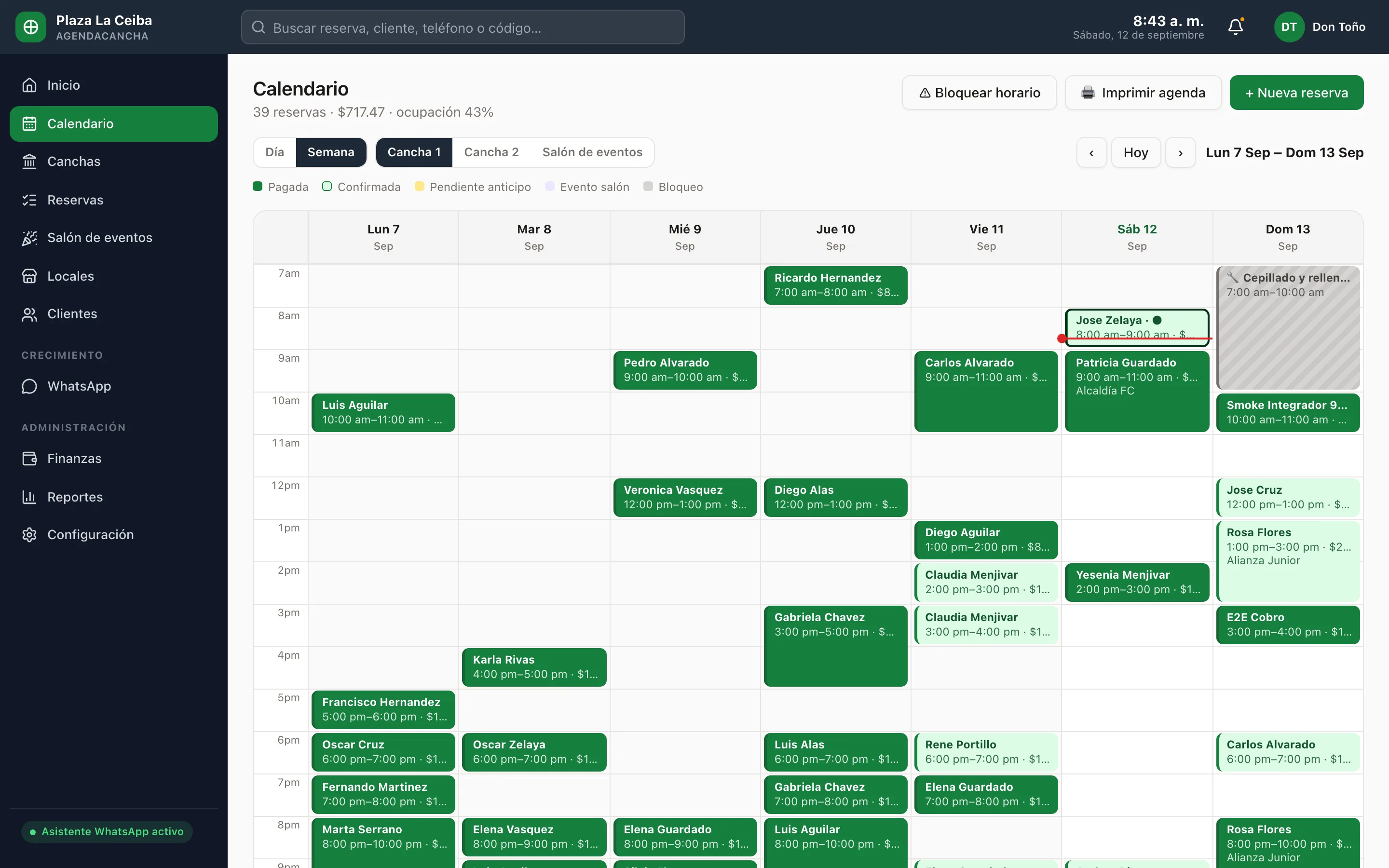 Calendario semanal del panel: canchas y salón con las reservas de la semana